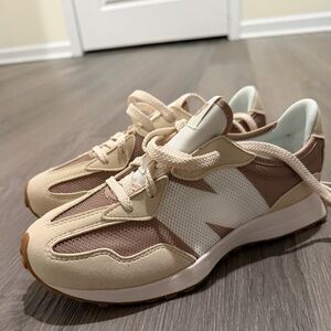 New Balance Beige and White Sneakers - 327; big kids 5.5 - fits women 7.5
